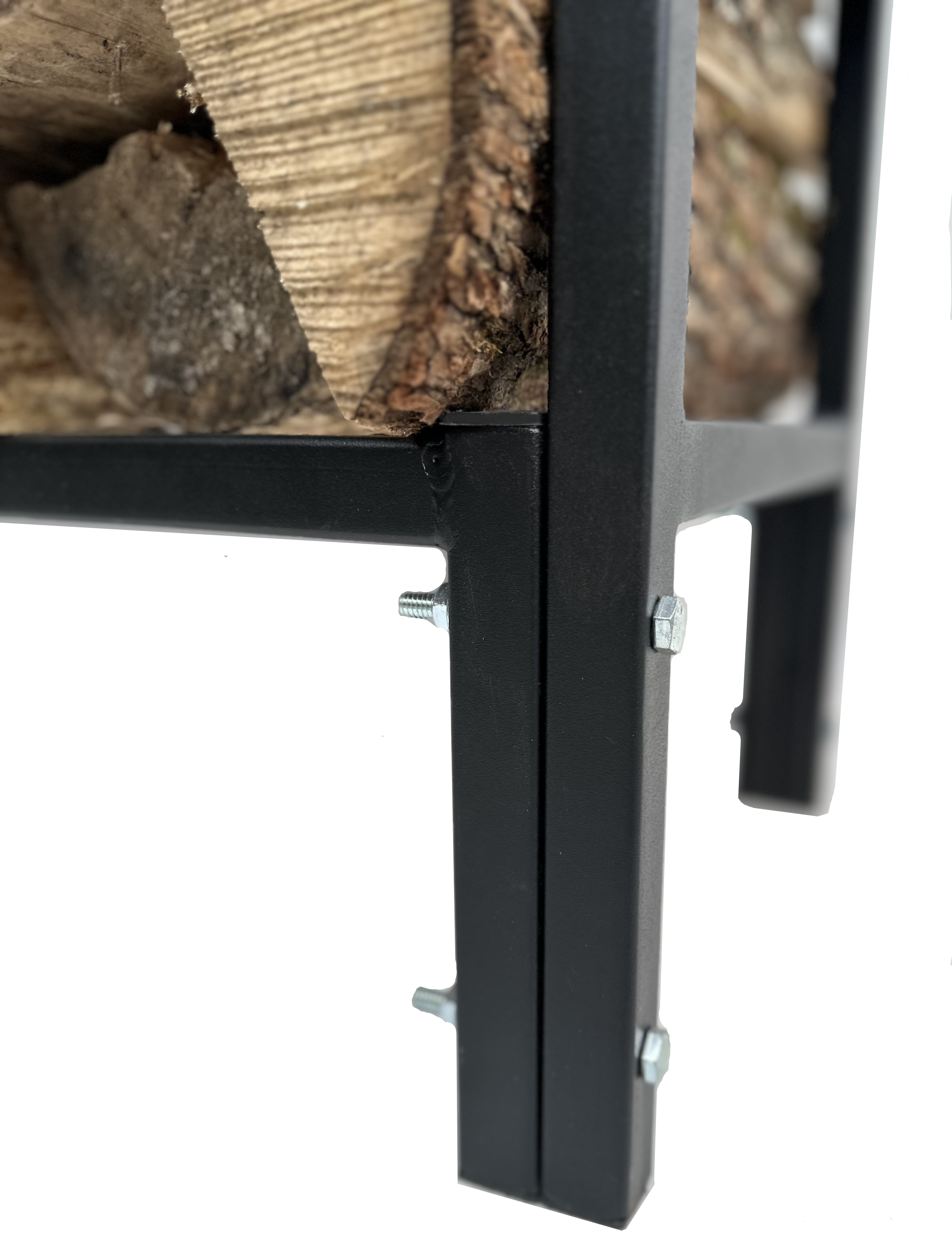 Close-up of a  usa made metal firewood holder with stacked logs on a white background