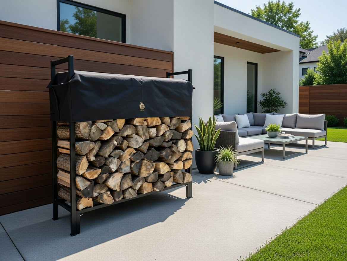 Woodpile against a modern house exterior with outdoor furniture usa made rack for firewood