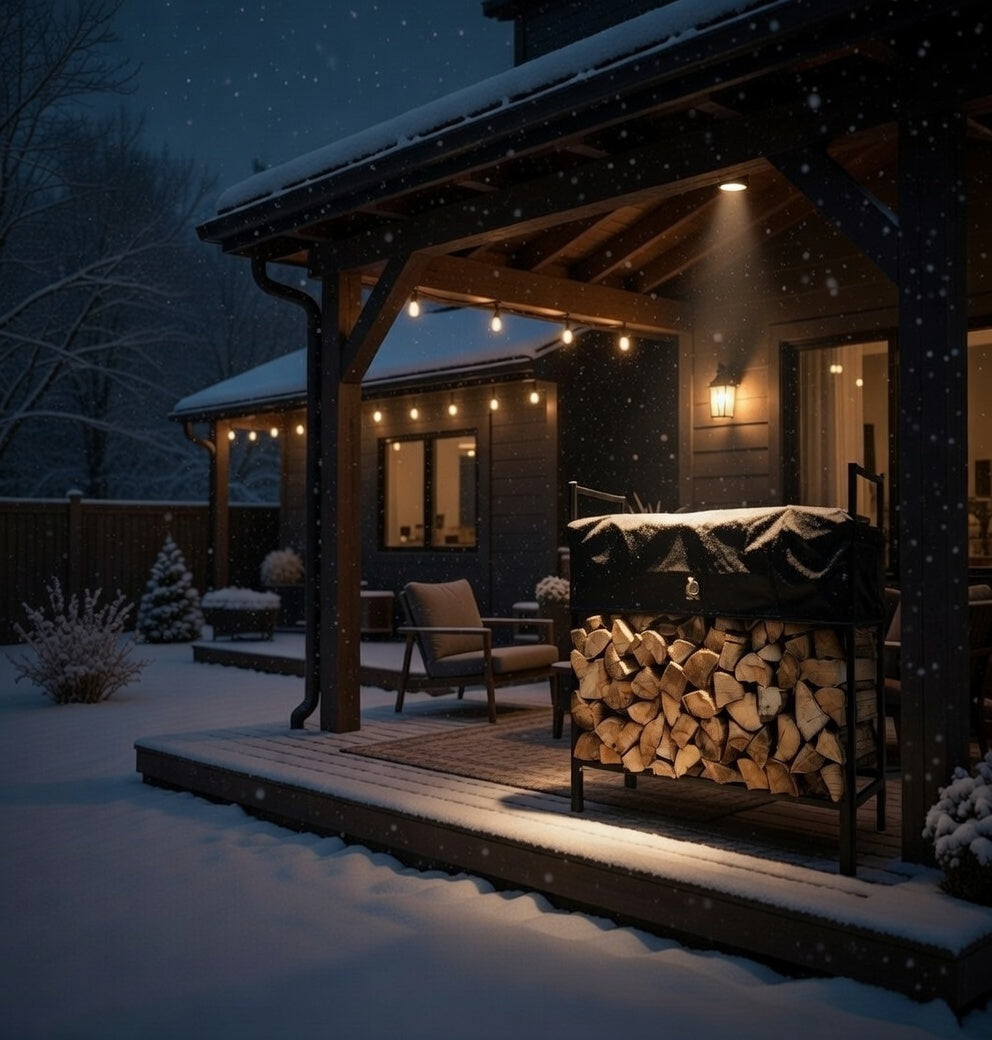 Snowy outdoor scene with a wooden cabin, patio, and stacked firewood on a log rack
