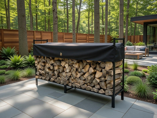 Outdoor patio with stacked firewood rack log holder and black grill cover in a garden setting