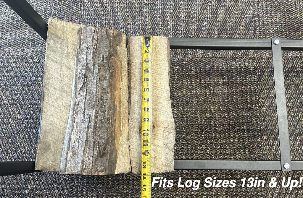 Three logs of varying sizes with a measuring tape on a textured surface, indicating log size compatibility.