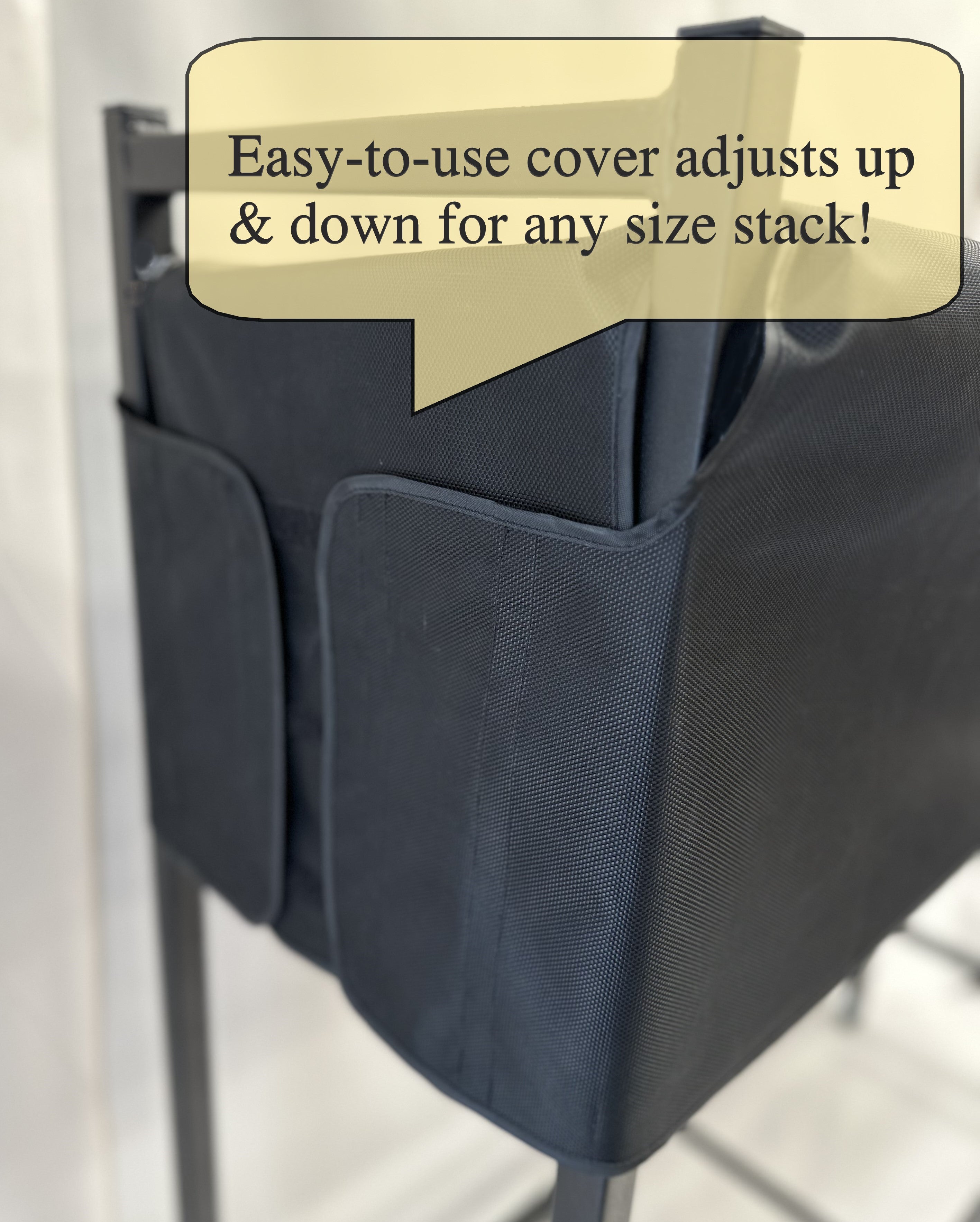 Black adjustable cover for a stackable item with text overlay on a light background